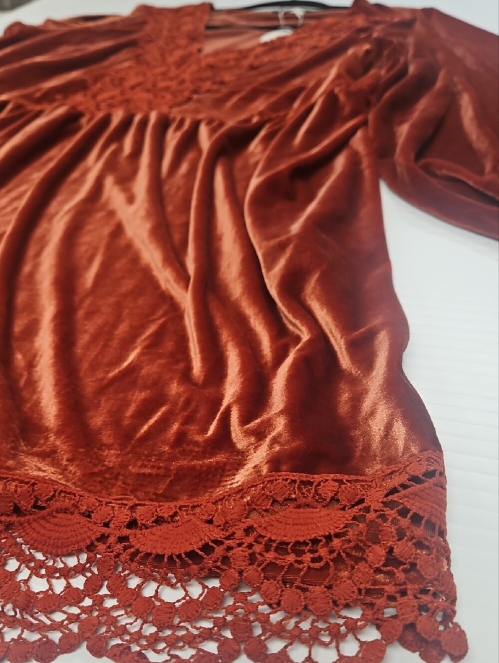 3 XL Velvet Crochet-Trim Long Sleeve Dress - Rust - Picture 5 of 13
